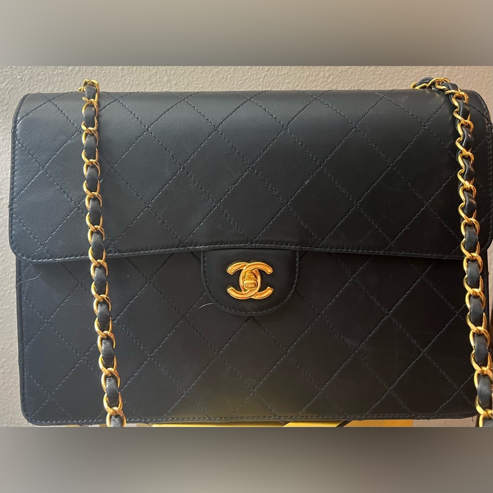 Vintage 90s Chanel Navy Leather Jumbo Square Single Flap  (Authenticated by TRR)